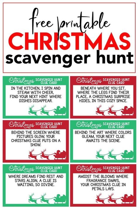 Free Printable Christmas Scavenger Hunt Clues Free Printable Christmas Scavenger Hunt, Christmas Treasure Hunt Clues, Christmas Scavenger Hunt Clues, Printable Christmas Scavenger Hunt, Christmas Gift Hunt, Scavenger Hunt Template, Christmas Treasure Hunt, Scavenger Hunt Riddles, Christmas Riddles