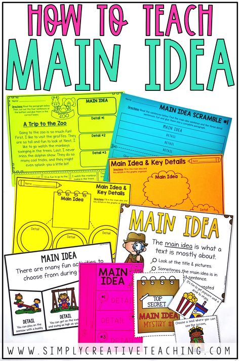 These main idea activities are perfect for first grade and 2nd grade classrooms! Finding the main idea and details in a hands on way is always fun for small groups and guided reading! Included are creative puzzles, main idea mystery bags, paragraph with topic sentences, worksheets, graphic organizers, anchor charts, and more! The main idea mysteries are always a favorite! Use the organizers with books of your choice, too! Great for nonfiction main idea and main topic units! Nonfiction Main Idea, Main Idea Lessons, Main Idea Anchor Chart, Main Idea Activities, Math Exit Tickets, Main Idea And Supporting Details, Main Idea And Details, Teaching Main Idea, Main Idea Worksheet