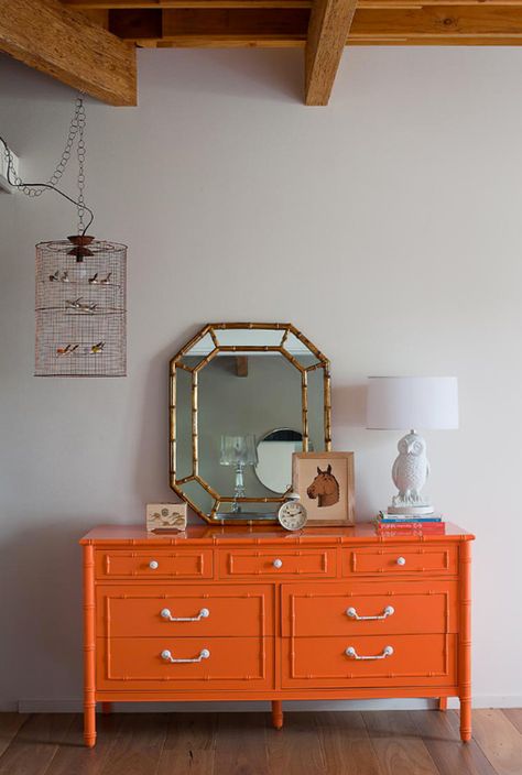 Drip Furniture, Orange Dresser, Cupboard Colors, Purple Room Decor, Orange Furniture, Colorful Dresser, Were Back, Big Bedrooms, Green Furniture