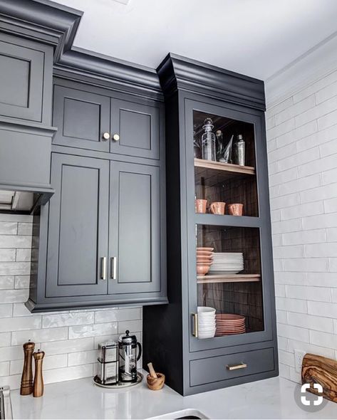 #homedecor #home #kitchendesign #yourgotorealtor Upper Kitchen Cabinets That Sit On Counter, Cabinets That Sit On Counter, Flush Kitchen Cabinets, Kitchen Wall Colors, Gray Cabinets, Kitchen Corner, Cabinetry Design, Dark Kitchen Cabinets, Dark Cabinets