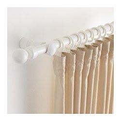 IKEA - PORTION, Curtain rod set, Can be cut to desired length with a hacksaw.If you have a wider window you can join two or more curtain rod sets with the included connecting screw. (Dining room!!) Ikea Curtain Rods, Curtain Tie Backs Diy, White Curtain Rod, Double Curtain Rod Set, Diy Curtain Rods, Ikea Curtains, Plain Curtains, Curtain Rod Brackets, Curtain Holder