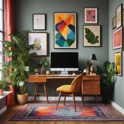 Home Office Design Mid Century Modern, Mexican Style Office, Work From Home Room Setup, Mid Century Desk Setup, Mid Century Modern Palette, Minimalist Eclectic Home, Home Office Mid Century Modern, Home Office Mid Century, Funky Home Office