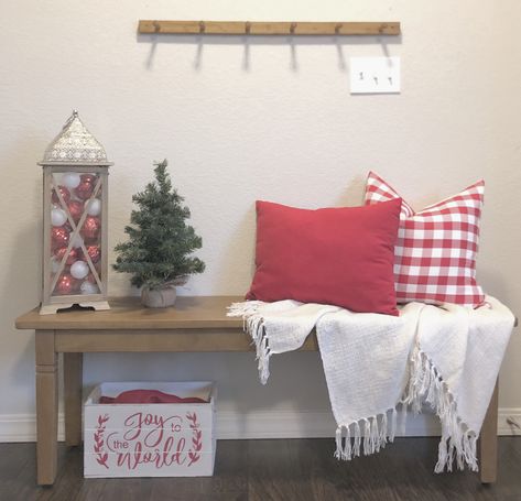 How To Decorate A Bench For Christmas, Entry Bench Christmas Decor, Porch Bench Christmas Decor, Christmas Bench Decor, Bench Christmas Decor, Christmas Bench, Red White Decor, Ward Christmas Party, Christmas Entry