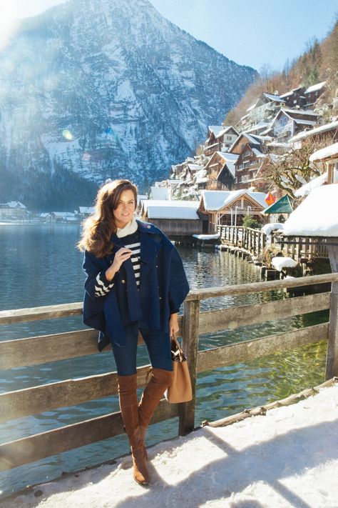 The Londoner » Hallstatt, Austria Austria Autumn Outfit, Austria Outfit Fall, Switzerland Lookbook, Hallstatt Austria Aesthetic, Rosie Londoner, Austrian Fashion, Posh Clothing, Mountain Fashion, Snow Capped Mountains