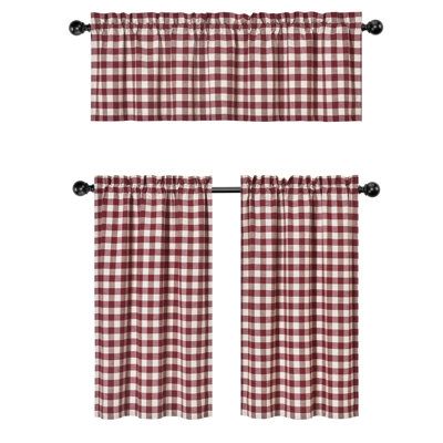 Features:Perfect for any homeMachine washable for easy careProduct Type: Kitchen CurtainDesign: TailoredColor: White/Deep RedMaterial: Cotton;PolyesterMaterial Details: 35% Cotton and 65% polyesterPieces Included: 1 Valance and 2 TiersHandmade: NoPattern: PlaidTextured: NoHeader Type: Rod pocketLiner or Backing Included: NoLiner Material: Liner Color: Valance Included: YesValance Height: Cafe Curtain Included: YesCafe Curtain Height: Reversible: YesSheer: NoLife Stage: AdultCleaning Method: Mach Country Kitchen Curtains, Cafe Kitchen, Kitchen Curtain Sets, Kitchen Valances, Tier Curtains, Open Kitchen Shelves, Country Curtains, Kitchen Curtain, Curtain Valance