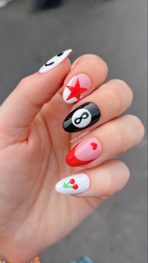 fun, magic 8 ball mix and match nail art Magic Eight Ball Nails, Lottery Nails, 8 Ball Nail Art, Magic 8 Ball Nails, Pool Ball Nails, 8ball Nails, Utah Nails, 8 Ball Tattoo, Mix And Match Nails