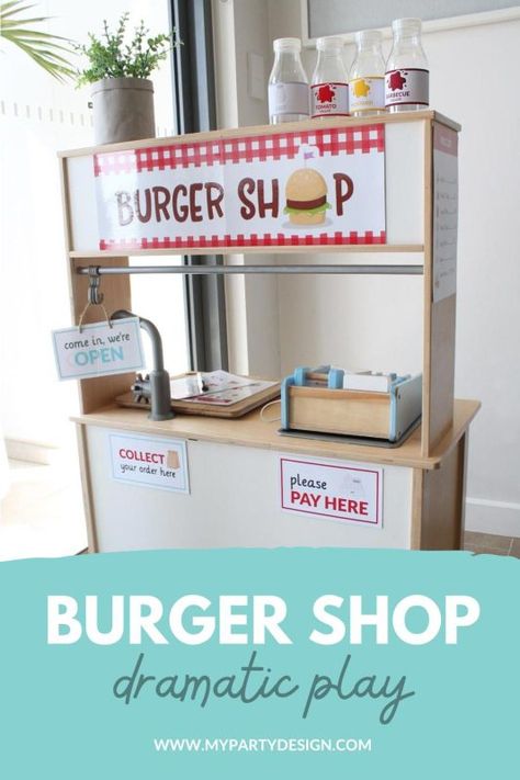 Following my little ones’ love for pretend play, I’ve kept adding themes to our collection of dramatic play printables. In today’s post I’m going to show you how I set up a fun burger shop dramatic play scene for them using our burger shop dramatic play printables.     Setting up a Burger Shop dramatic [...] The post Burger Shop Dramatic Play appeared first on My Party Design. Ikea Kitchen Dramatic Play, Pizza Shop Dramatic Play, Ice Cream Shop Dramatic Play, Ikea Play, Play Printables, Dramatic Play Themes, Burger Shop, Dramatic Play Printables, Ikea Play Kitchen