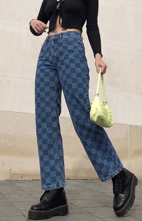 Blue Checkered Pants Outfit, Checkered Pants Outfit, Checkered Jeans, Dad Pants, Ragged Jeans, Rock Star Outfit, Core Outfits, Full Length Jeans, Jacket Outfit Women