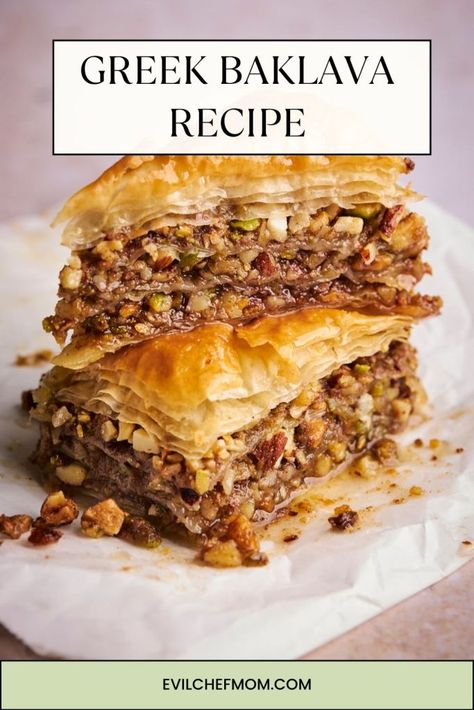 Greek Baklava Recipe - Evil Chef Mom Greek Baklava Recipe, Gourmet Cupcake Recipes, Baklava Recipe Easy, Baklava Dessert, Greek Baklava, Greek Dessert, Phyllo Recipes, Greek Recipes Dessert, Baklava Recipe