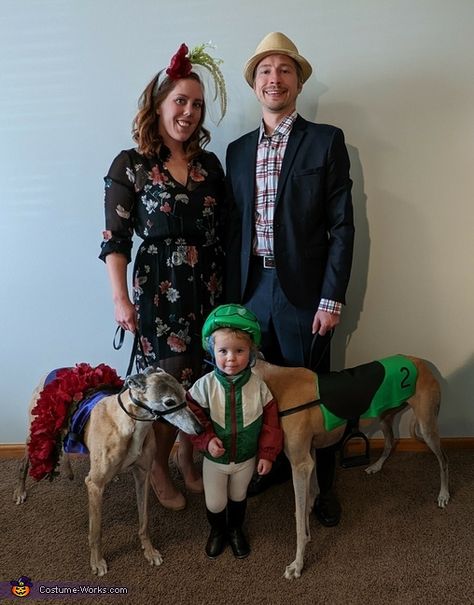 Kentucky Derby Family Costume Kentucky Derby Halloween Costume, Jockey Costume, Kentucky Derby Hats Diy, Derby Hats Diy, Kentucky Derby Theme, Dollar Tree Flowers, Greyhounds Racing, Homemade Costume, Horse Costumes