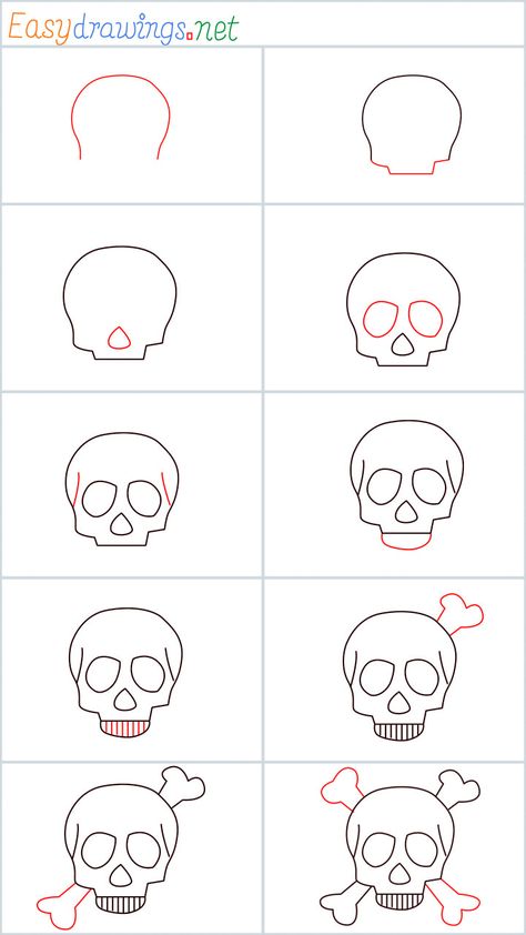 How to draw a Skull step by step - [10 Easy Phase] Simple Skull Drawing, Skull Easy, Skull Tutorial, Draw A Skull, Easy Skull Drawings, Easy Halloween Drawings, Skull Coloring, Cool Easy Drawings, Bookish Art