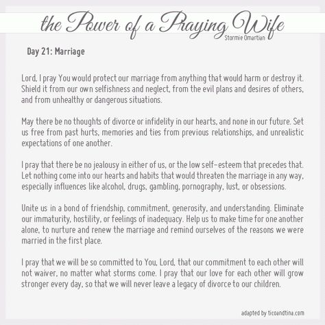 prayers for each day of the month from the Power of a Praying Wife and the Power of a Praying Parent by Stormie Omartian Marriage Activities, Stormie Omartian Prayers, Power Of A Praying Parent, Power Of A Praying Wife, House Prayer, Praying Mother, Book Of Prayers, Prayer For Wife, Praying Wife