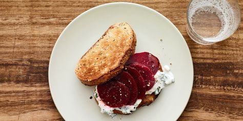 Beet Sandwich With Herb and Feta Yogurt Spread Beet Sandwich, Yogurt Spread, Veggie Sandwiches, Beet Recipes, Sandwich Spread, Veggie Sandwich, Healthy Sandwiches, Roasted Beets, Healthy Work Snacks