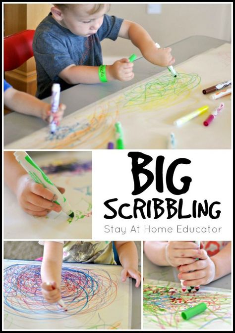 Big Scribbling - Simple Art for Toddlers and Preschoolers - exploring process art with simple change of paper size Toddler Process Art, Painting Ideas For Toddlers, Process Art For Toddlers, Scribbling Art, Painting With Yarn, Emergent Writing, String Painting, Toddler Fine Motor Activities, Art For Toddlers