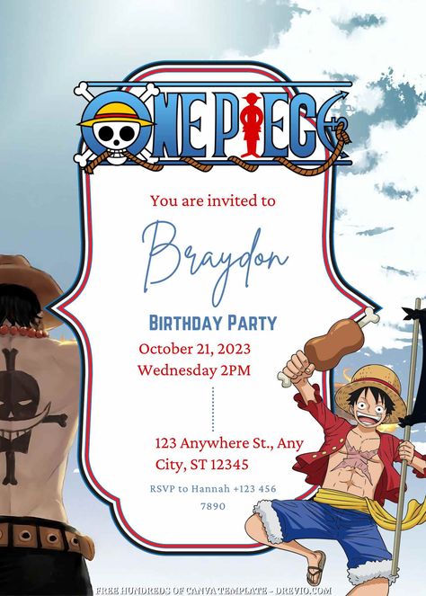 One Piece Birthday Party, One Piece Birthday, Online Birthday Invitations, One Piece Birthdays, One Piece Theme, 1st Birthday Invitation Template, Ideas Cumpleaños, Pirate Theme Party, Free Printable Birthday Invitations