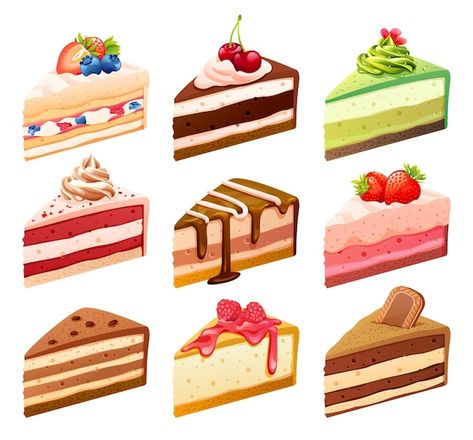 Set of various colorful cake slices cart... | Premium Vector #Freepik #vector #cake-cartoon #cute-cake #cake-illustration #cake Cartoon Cake Slice, Red Birthday Cakes, Colorful Cake, Cake Slices, Cake Vector, Dessert Illustration, Cake Drawing, Cake Illustration, Food Clipart