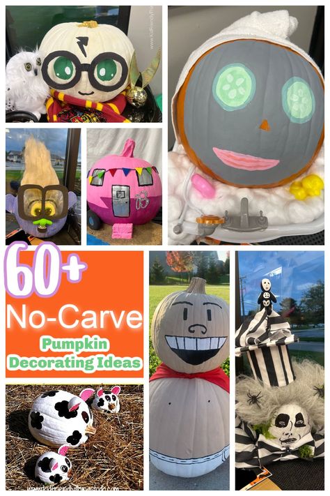 Over 60 No-Carve Pumpkin Ideas that you will love. These amazing pumpkin decorating ideas are perfect for pumpkin decorating contests. Scary No Carve Pumpkin Ideas, Cute Decorated Pumpkins, Funny No Carve Pumpkin Ideas, Award Winning Pumpkin Decorating, Genie Pumpkin, Pumpkin Competition Ideas, No Carve Pumpkin Decorating Contest, Pumpkin Contest Ideas No Carve, Pumpkin Decorating Contest Ideas