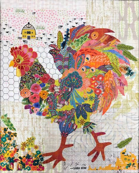 Teeny Tiny #6 Collage Kit Rooster by Laura Heine Rooster Collage Quilt, Collage Chicken, Laura Heine Collage Quilts, Fabric Collage Ideas, Chicken Collage, Rooster Collage, Quilting Landscapes, Elephant Collage, Mosaic Quilts