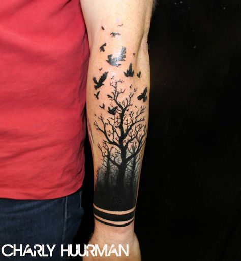 Trees & birds tattoo done by Charles Huurman. Tree With Crows Tattoo, Tree With Birds Tattoo, Tree Sleeve Tattoo, Bird Tattoos Arm, Forest Tattoo, Nature Tattoo Sleeve, Tree Tattoos, Forearm Band Tattoos, Forest Tattoos