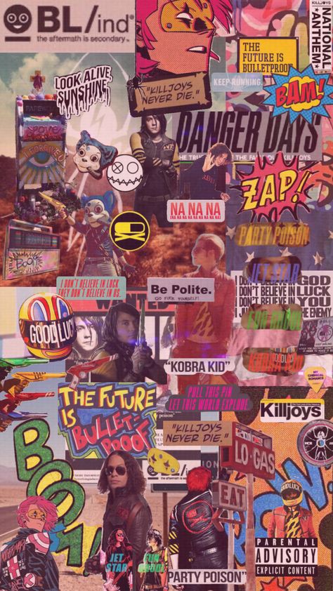 #dangerdays #mychemicalromance #gerardway #mikeyway #frankiero #raytoro #partypoison #funghoul #jetstar #kobrakid #killjoys Danger Days Background, Mcr Danger Days Wallpaper, Danger Days Wallpaper, Killjoys Aesthetic, Sirius Core, Mcr Poster, My Chemical Romance Poster, Rock Guys, Kobra Kid