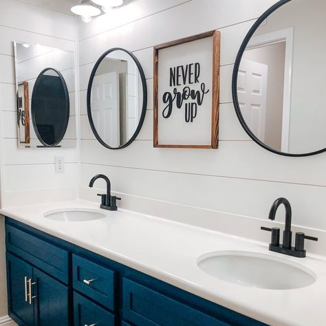 How gorgeous is this little boys bathroom 🖤✨ . . . Finally got this room put together. I’ve said it in my stories, but doing projects with littles around always takes twice (or maybe 14 times) as long. I’ve expected it, and have started to accept it during our DIY projects. This is one of the last rooms we needed to re-vamp after moving in 2 years ago. Our 4 year old is getting more independent and needed his own space, so here it is in all its glory. Still need to decorate some but LOVE how th Boys Bathroom Ideas Kid, Neutral Kids Bathroom, Boy Bathroom Ideas, Gender Neutral Kids Bathroom, Boy Girl Bathroom, Boys Bathroom Decor, Kids Bathroom Remodel, Kids Bathroom Design, Teen Bathrooms