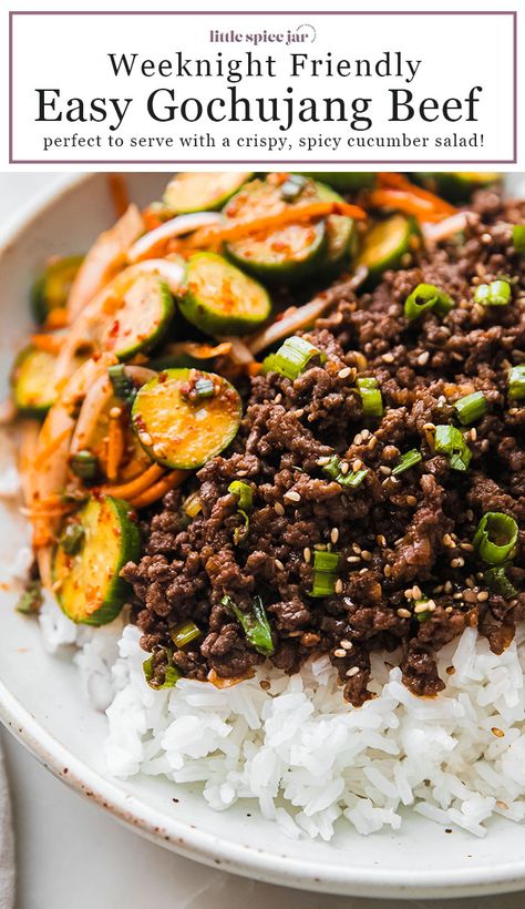 Gojuchang Ground Beef, Gochujang Ground Beef, Wagyu Ground Beef Recipes, Beef Gochujang, Gochujang Beef, Gochujang Recipes, Beef Bowl Recipe, Gochujang Recipe, Spicy Cucumber Salad