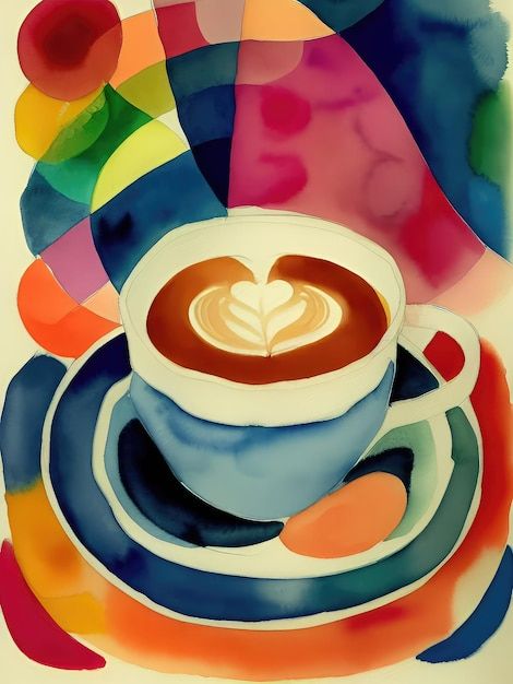 Coffee Inspired Art, Abstract Coffee Art, Painting Using Coffee, Coffe Paints Art, Coffee Painting Landscape, Colorful Mid Century Modern, Kitchen Artwork, Yarn Painting, Modern Food