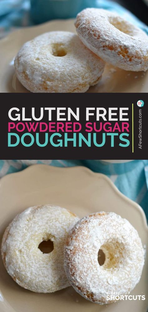 Who says eating gluten free has to taste bad? You have to try this simple and tasty Gluten Free Powdered Sugar Doughnuts Recipe. Can be made dairy free too. Such a yummy breakfast treat! | @AFewShortcuts #glutenfree #breakfast #doughnut #recipe #doughnut Sugar Doughnut Recipe, Sugar Donuts Recipe, Gluten Free Doughnuts, Eating Gluten Free, Doughnuts Recipe, Donuts Donuts, Powdered Donuts, Sugar Donut, Gluten Free Donuts