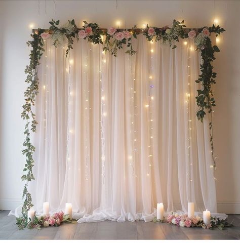 Sheer Backdrop With Greenery, White Curtain Decoration Ideas, Sheer Curtain Backdrop With Lights, Wedding Decor Photo Backdrop, Bridal Decor Ideas, Fairy Lights Backdrop Wedding, Backdrops For Bridal Shower Diy, Homemade Wedding Backdrops, Tulle Backdrop With Balloons