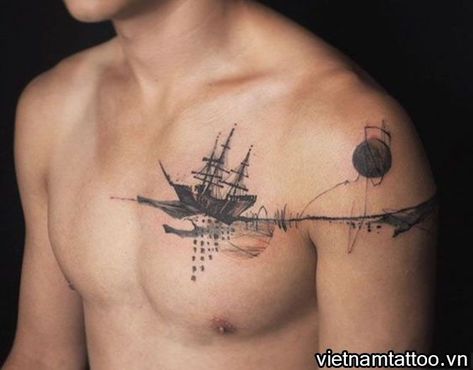 Mens Tattoos Chest, Right Chest Tattoo Men, Boat Tattoo Men, Chest Tattoos Men's Ideas, Tattoo Ideas For Men Chest, Samoan Tattoos, Boat Tattoo, Sailor Tattoos, Clever Tattoos