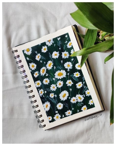 Acrylic Painting Flowers Black Background, Gouche Painting Ideas Easy Flowers, Flower Painting On Black Background, Acrylic Painting On Sketchbook, Acrylic Painting Ideas Scenery, Calender Paintings, Daisy Painting Easy, Daisy Painting Acrylic Easy, Daisy Acrylic Painting