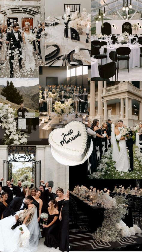 Black Tie Wedding Ideas Decor, Glamorous Rustic Wedding, Wedding Idea Color Schemes, Prettiest Wedding Colors, Wedding Guests In White, Wedding All White Decor, Black And Gold Vintage Wedding, Mackenzie Galloway Wedding, Noir Wedding Theme