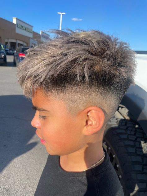 Boys Clean Cut, Fade, with Silver Hair, Texture Boys Highlights Hair, Boy Highlights, Boys Hair Highlights, Silver Hair Boy, Dark Brown Hair With Blonde Highlights, Boys Colored Hair, Boys Highlights, Long Hair Highlights, Black Hair Balayage