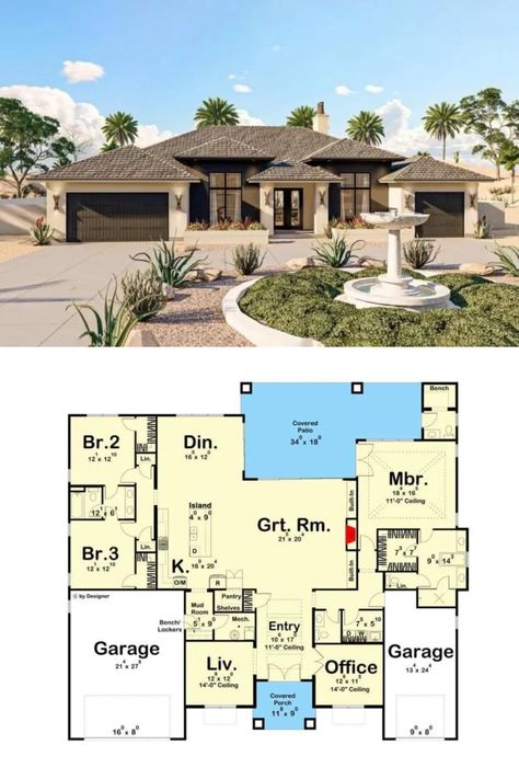 Mediterranean Style 3-Bedroom Single-Story House Plan with Jack and Jill Bathroom and Covered Patio Medditeranean Style Home, Mediterranean Style House Plans, Mediterranean Style Home, Single Story Homes, European Farmhouse, Country Craftsman, Stucco Exterior, Mediterranean Design, Patio Flooring