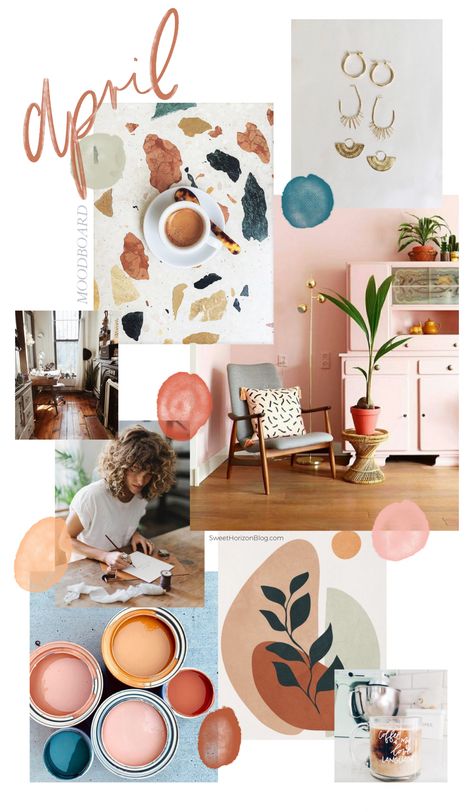 April 2019 Moodboard Sweet Horizon Studio Blog | Brandboard | Handlettering | Calligraphy | Handwriting | Blush Tones | Warm Tones | Burnt Sienna | Color Scheme | Color Palette | Feminine Colors | Feminine Moodboard | April Moodboard, Dekorasi Kamar Tidur, Monthly Goals, Blog Logo, Mood Board Inspiration, Color Palette Design, Mood Board Design, Brand Board, Colour Board