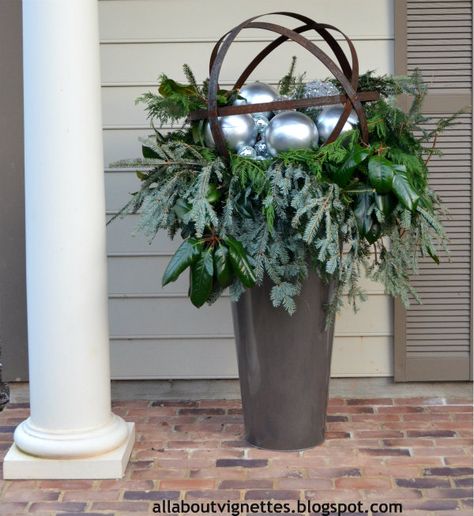 Blog about design, vignettes, staging, styling, antique shopping, re-purposing, and beauty. Outdoor Urns, Christmas Urns, Holiday Planter, Winter Planter, Front Door Christmas Decorations, Christmas Pots, Christmas Planters, Christmas Front Porch, Christmas Arrangements