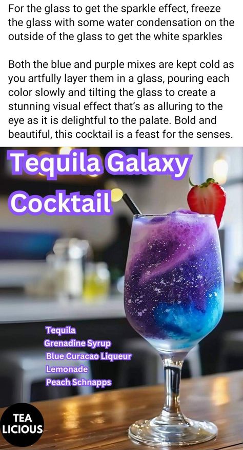 Glitter Drink Recipe, Galaxy Drink, Galaxy Cocktail, Bartender Drinks Recipes, Themed Cocktails, Easy Alcoholic Drinks, Fun Drinks Alcohol, Bartender Drinks, Pretty Alcoholic Drinks