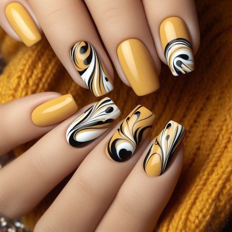 Mustard And Black Nails, Fall Nails Mustard Yellow, Mustard Nails Design, Black Yellow Nails, Black And White Swirl Nails, Mustard Yellow Nails, Mustard Nails, Bumble Bee Nails, Harry Potter Nail Art