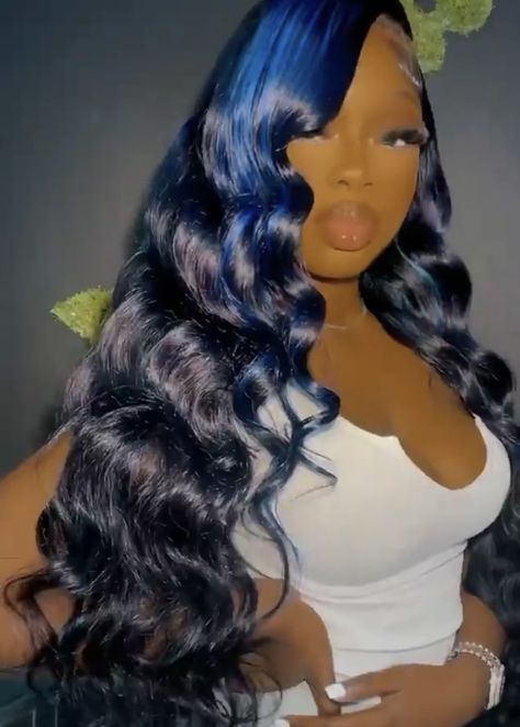 Lace Front Wigs Peekaboo, Blue Straight Hair Black Women, Blue Peak A Boo Hair, Black Wigs With Blue Highlights, Wig With Blue Highlights Black Women, Black Blue Wigs For Black Women, Blue Streaks In Black Hair, Black Lace Front With Blue Highlights, Blue Wigs For Black Women