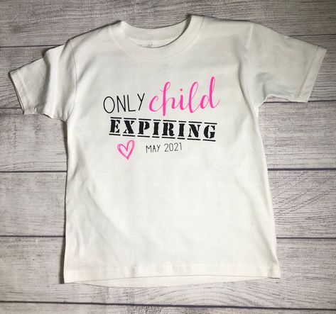 "Item details below: This is the sweetest shirt for a new big sister, giving up her only child status! If you are looking to share the special news! \"Only Child EXPIRING ...\" personalized with the date you choose! Example shown is for a white t-shirt with hot pink and black graphics. But please note in the drop down menu, there are other colors available.  This shirt can be made in toddler, youth sizes, or adult sizes. Please see the style/measurements below and make sure the size chosen best Big Sister Announcement Shirt, New Big Sister, Baby Reveal Shirt, Big Sister Announcement, Big Sister T Shirt, Baby Shower Shirts, Promoted To Big Sister, Family Maternity Photos, Sibling Shirts