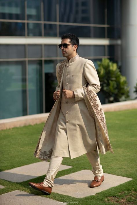 Photo of Groom look with beige sherwani and stole Coral Lehenga, Wedding Sherwani For Men, Indian Groom Dress, Sherwani For Men Wedding, Wedding Kurta For Men, Groom Party, Suit Groom, Wedding Outfits For Groom, Groom Dress Men