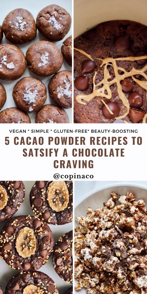 Craving a chocolate fix? Us too! We believe in treating your body and your taste buds well. That’s why we rounded up some of our favorite vegan and gluten-free superfood cacao powder recipes just for you. We’ll also explain what cacao powder is and why you should incorporate it into your snacks and desserts as a functional superfood.* Organic Cacao Powder Recipes, Cacao Recipes Healthy, Navitas Cacao Powder Recipes, Recipes Using Cacao Powder, Cacao Beans Recipe, Cacao Powder Recipe Desserts, Cacao Dessert Recipes, Recipes With Cacao Powder, Carob Powder Recipes