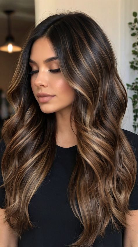 Dark Brown Hair Color Ideas Tone Down Highlights Brunettes, Dark Route Balayage, Long Dark Hair With Lowlights, Dark Hair Colors For Pale Skin, Hair Inspo Color Dark, Long Brown Hair Balayage, Long Brown Balayage Hair, Hair Highlights For Brown Skin, Hair For Dark Skin Tone