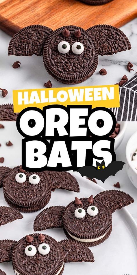 Just look at these adorable little Halloween themed snacks. They're bats and they're so simple to make. All you need for this fun project is Oreo cookies, some chocolate chips and candy eyeballs. With just those ingredients and a little time you can make these gorgeous snacks which are nearly TOO cute to eat! You can make a bigger batch too, since these keep for up to a week. Every time you see one of these cute little Halloween bat Oreos you're going to smile because they're fun and so CUTE! Cute Halloween Themed Food, Halloween Oreo Bats, Halloween Bat Snacks, Fun And Easy Halloween Treats, Simple Halloween Recipes For Kids, Oreo Bat Cookies, Halloween Snack Crafts For Kids, Diy Halloween Snacks For Kids, Oreo Cookie Halloween Treats