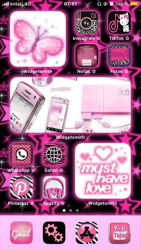 2000s Homescreen Layout, Pink Y2k Phone Theme, 90s Phone Theme, 2000s Wallpaper Pink, 2000s Iphone Layout, 2000s Phone Theme, Iphone Layout Y2k, 2000s Icons For Apps, Mcbling Phone Layout