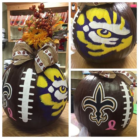 LSU/Saints Pumpkin 4h Crafts, Decorative Pumpkins, Pumpkin Carvings, Pumpkin Carving Patterns, Geaux Tigers, Pumpkin Ideas, Lsu Tigers, Painted Pumpkins, Pumpkin Decorating