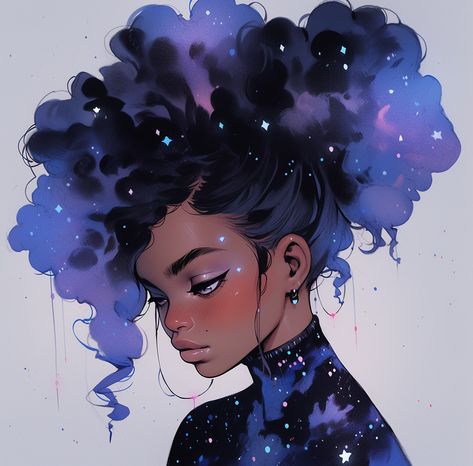 Woman Made Of Stars, Outer Space Character Design, Astronomy Character Design, Cloud Oc Art, Galaxy Clothes Drawing, Space Hair Drawing, Cloud Hair Character Design, Star Person Art, Cloud Hair Art