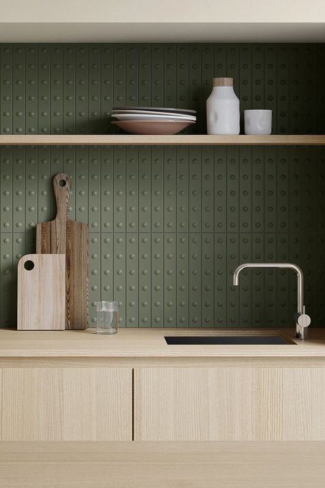 Decorative 3D wall tiles. Choose from Concave (Down) dots or elevated (Up) dots. Available in 10 colours with both matt and gloss surface finish options #interiordesign #kitchensplashback #tiles #tiletrends #interiordesigntrends #kitchentiles #splashbackdesign Kitchen Splashback Designs, Kitchen Tile Inspiration, Ronan Bouroullec, Green Tiles, Retro Interior Design, 3d Wall Tiles, Splashback Tiles, Tile Trends, Kitchen Splashback