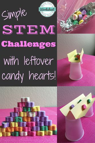 Here are some simple STEM challenges you can do with the leftover candy hearts! Conversation Hearts Activities, Valentine Stem Activities, Simple Stem Challenges, Valentine Stem, Stem Kids, Stem Activities For Kids, Stem Club, Stem Elementary, Preschool Stem