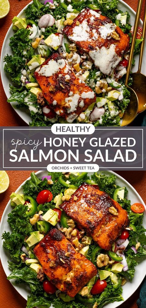 Get ready to tantalize your taste buds with our Spicy Honey Glazed Salmon Salad! This isn't your ordinary salad--- It's a vibrant mix of succulent salmon fillets coated in a sweet and spicy glaze, kale, jalapenos, cherry tomatoes and creamy avocado. Don't forget that delicious creamy Cucumber Dill Sauce drizzled right on top! Totally Gluten-free + Dairy-free. Vegan Option. | honey glazed salmon recipes healthy Honey Glazed Salmon Recipes, Glazed Salmon Recipes, Cucumber Dill Sauce, Honey Glazed Salmon Recipe, Salmon Recipes Healthy, Honey Glazed Salmon, Salmon Glaze Recipes, Salmon Salad Recipes, Cucumber Dill